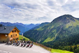 Motorcycle group of Hispania Tours at the Furkajoch in Vorarlberg