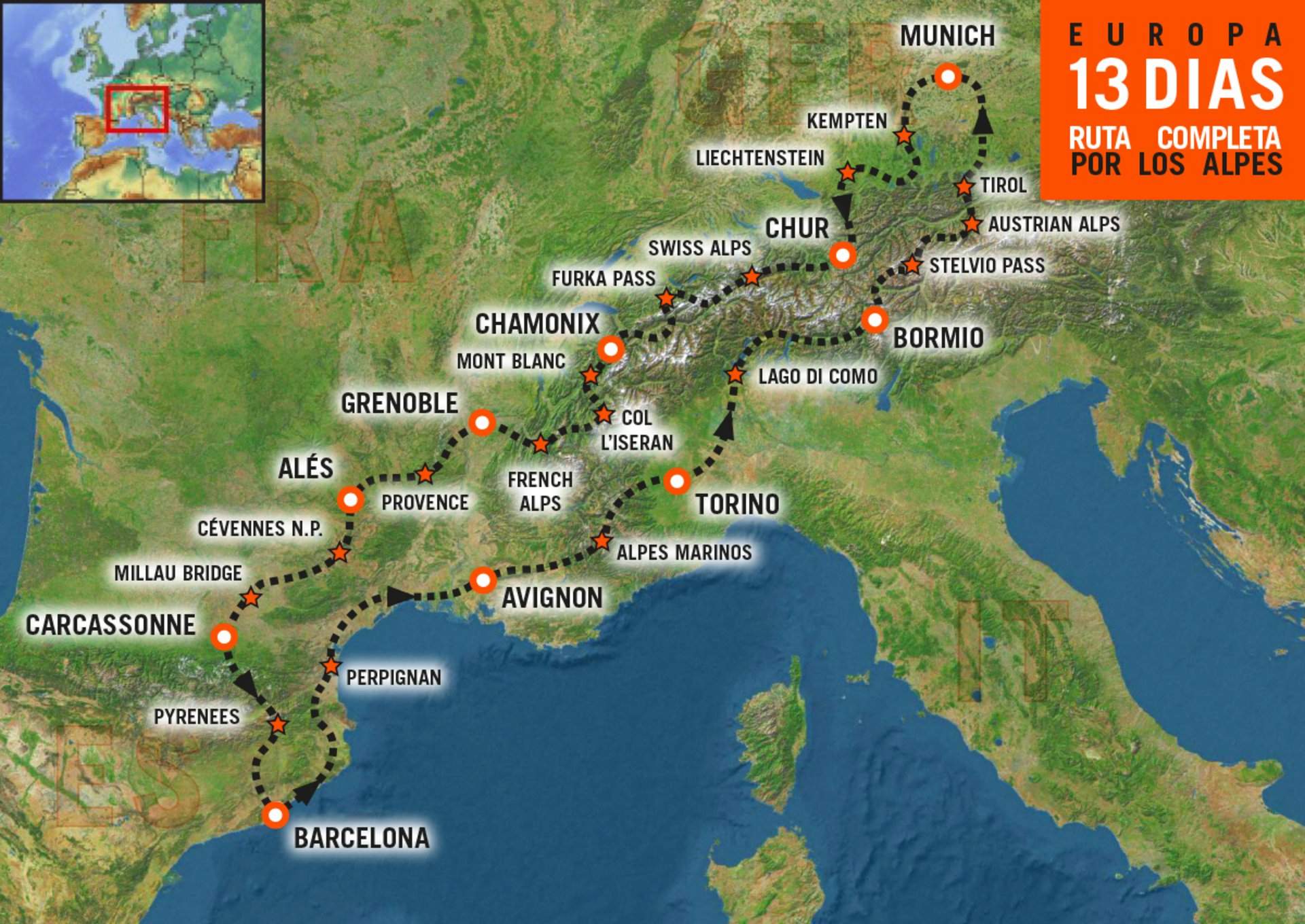 Mapa de la ruta en moto por Europa