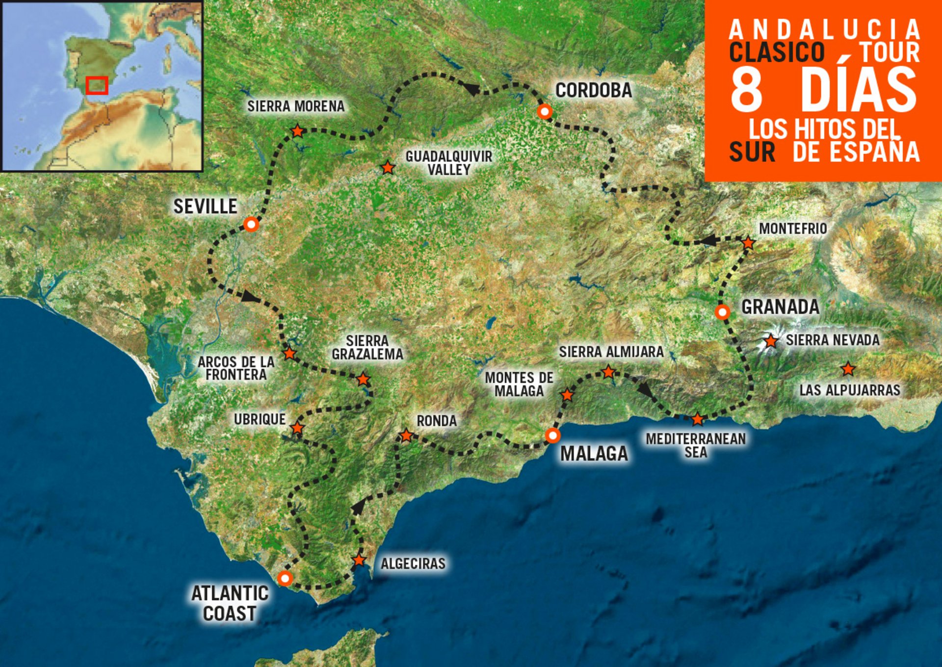 Mapa de ruta del viaje en moto por Andalucía