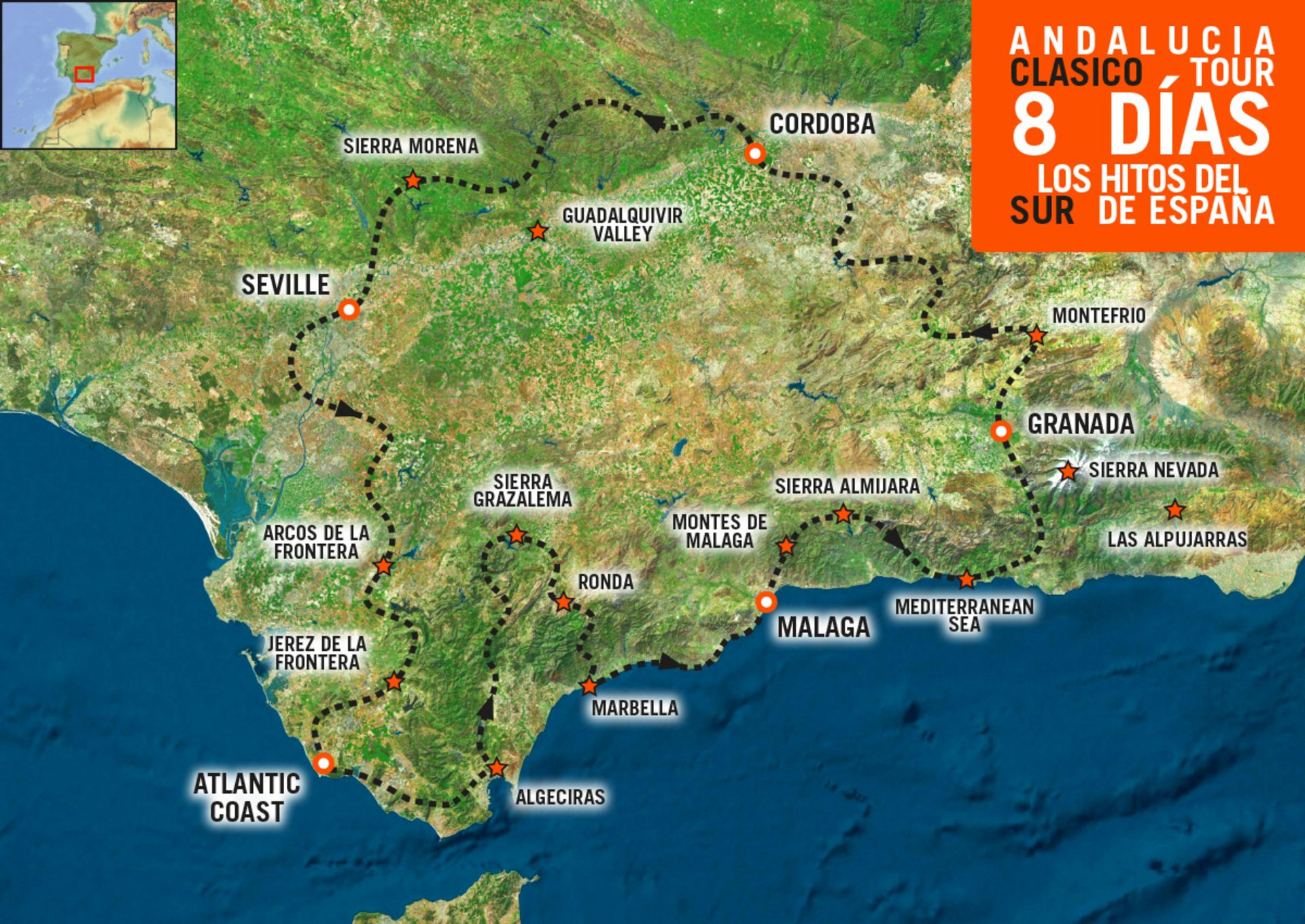 Mapa de ruta del viaje en moto por Andalucía