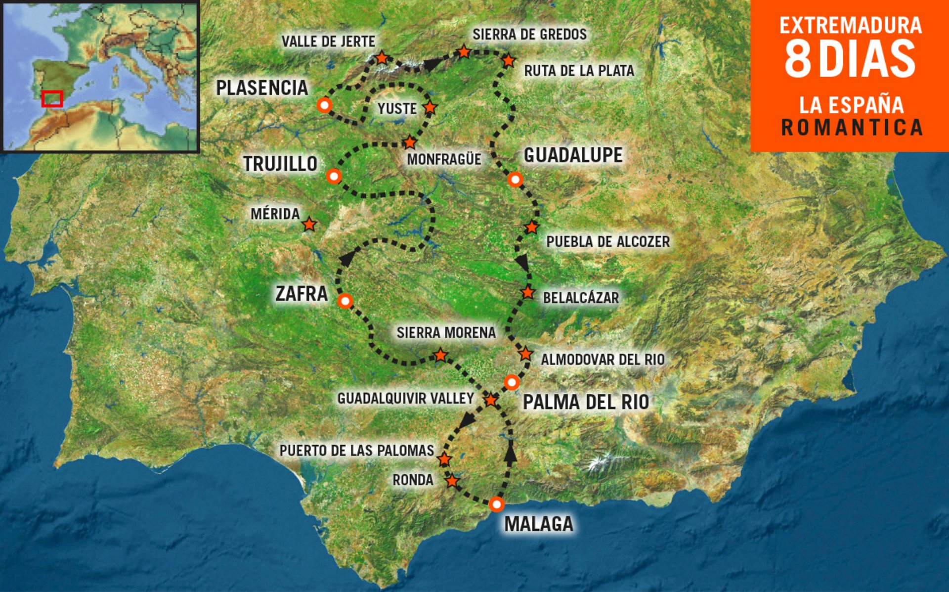 Mapa del Viaje en moto por Extremadura