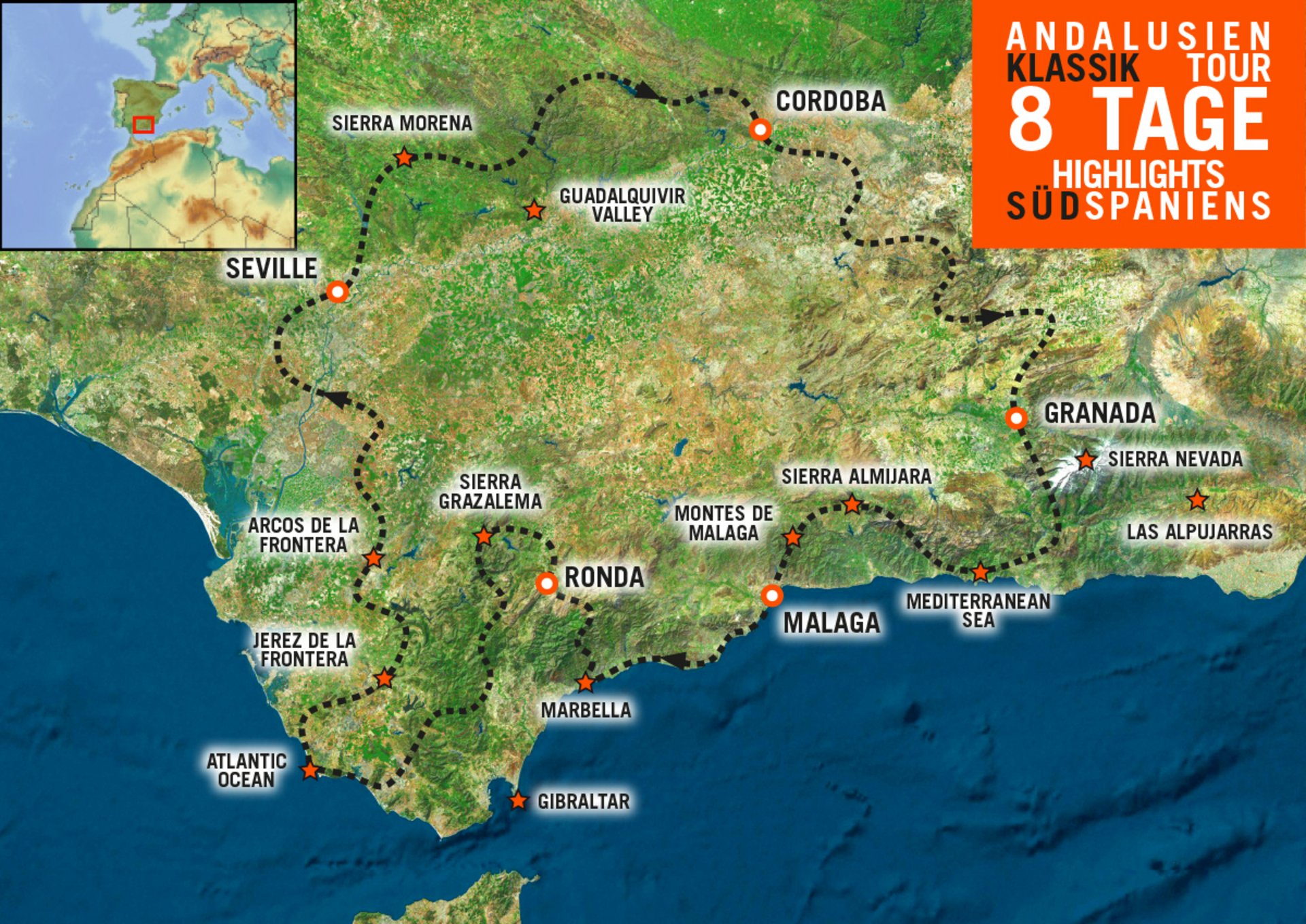 Tourenkarte Motorradreise Andalusien