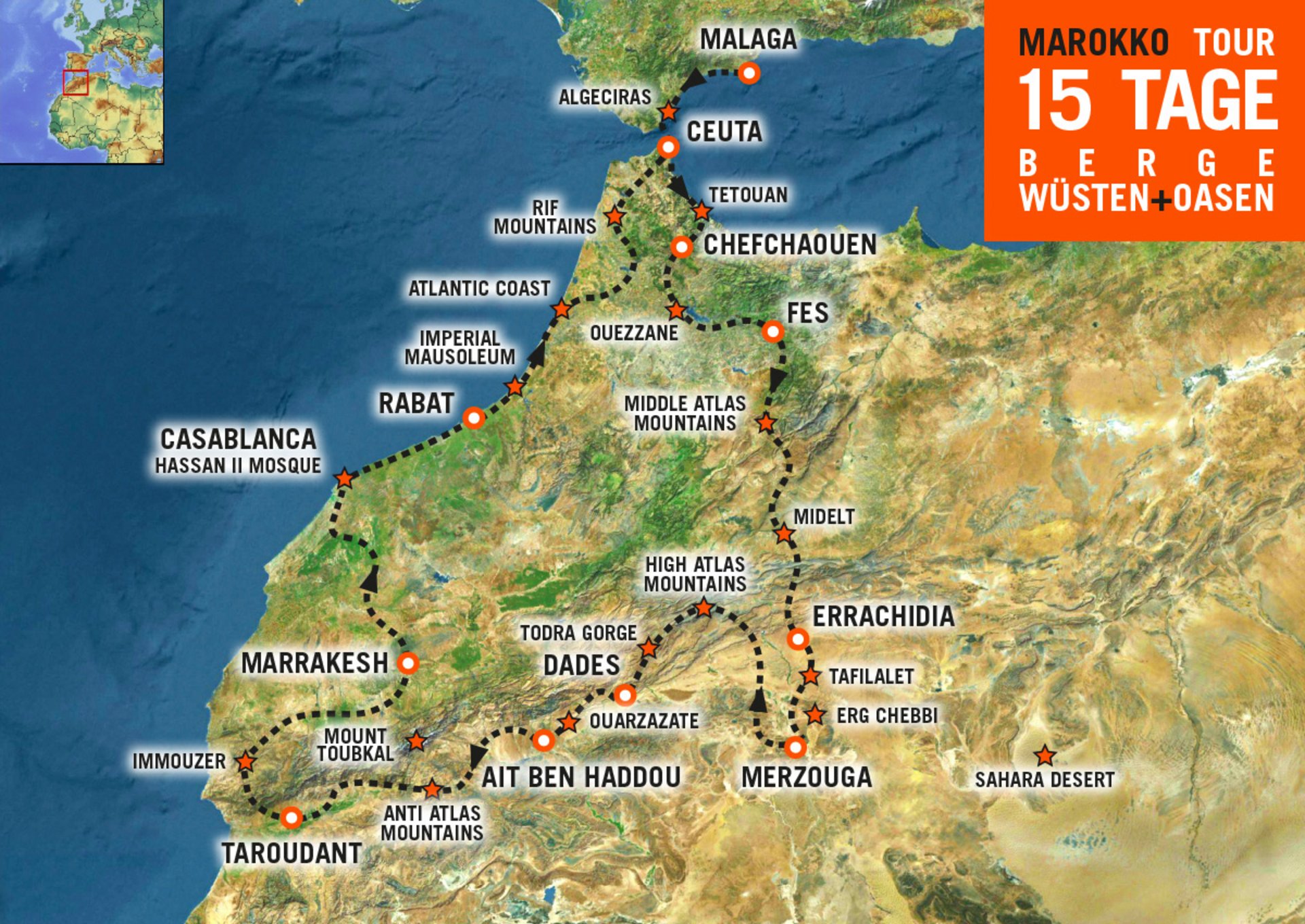 Karte mit dem Streckenverlauf der Motorradtour Berge, Wüsten und Oasen in Marokko