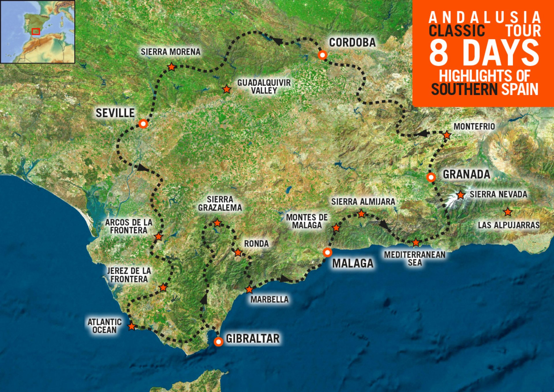 Route map of the motorcycle trip through Andalusia