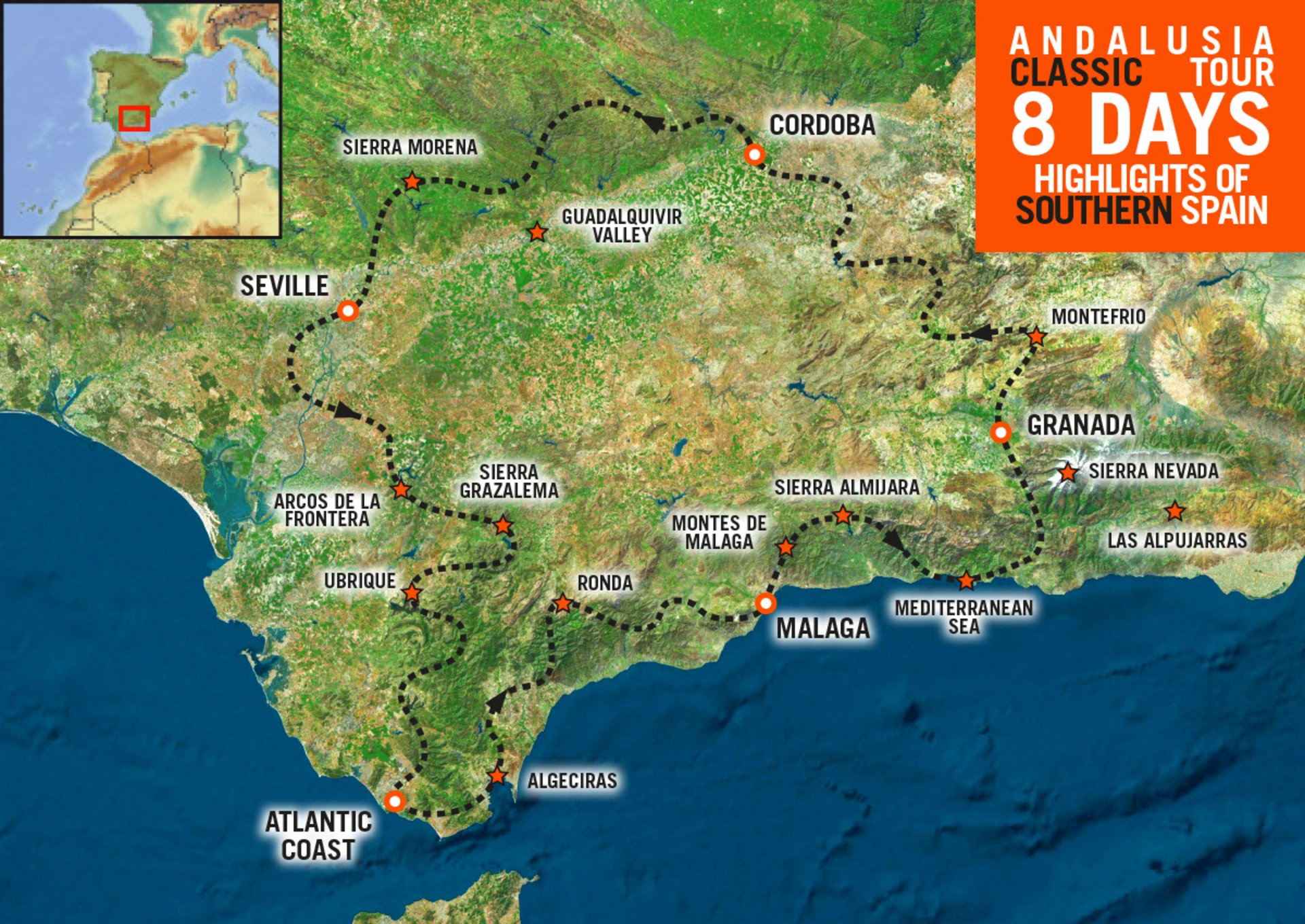 Route map of the motorcycle trip through Andalusia