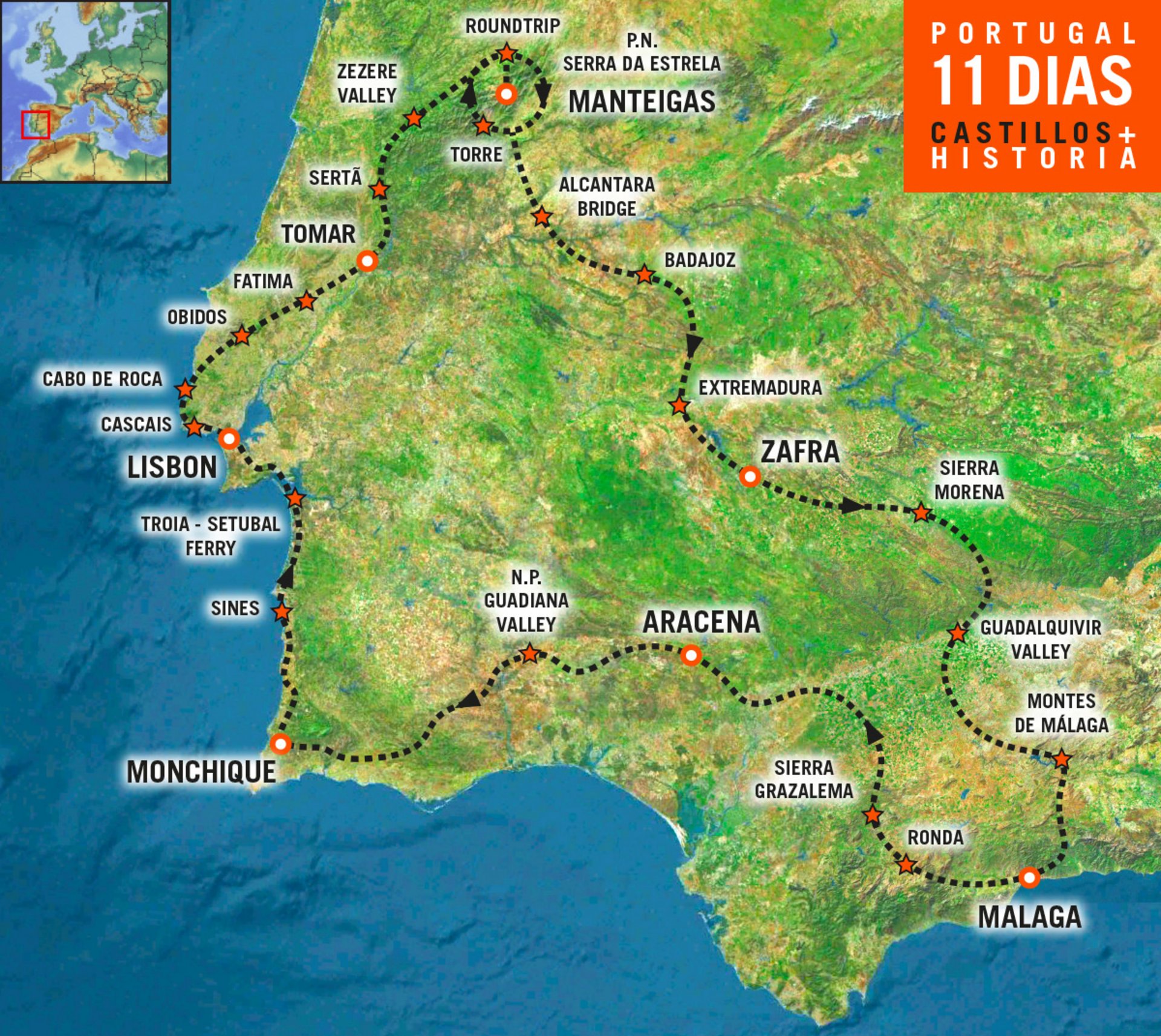 Mapa del Viaje en moto por Portugal