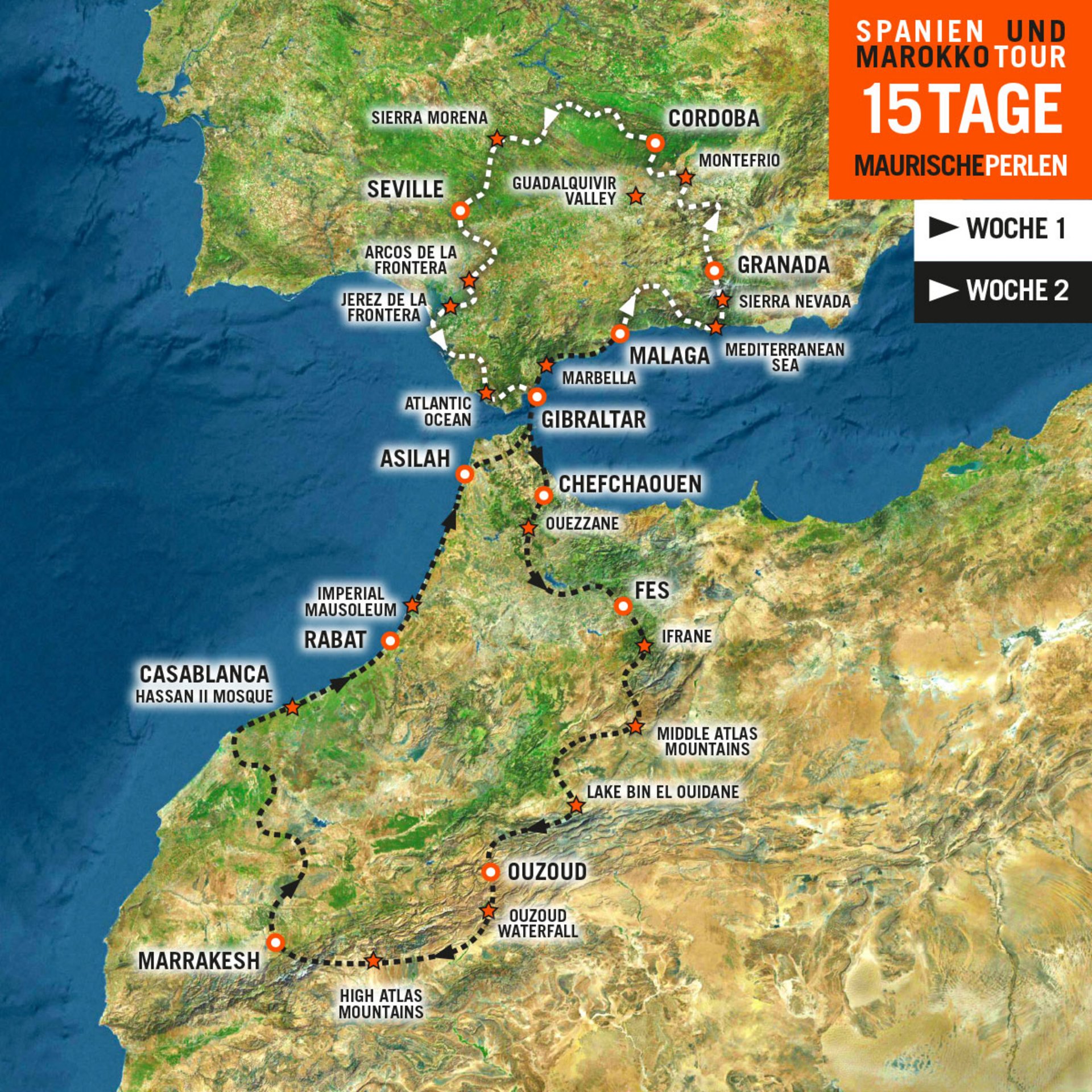 Tourenkarte Motorradreise in Spanien und Marokko