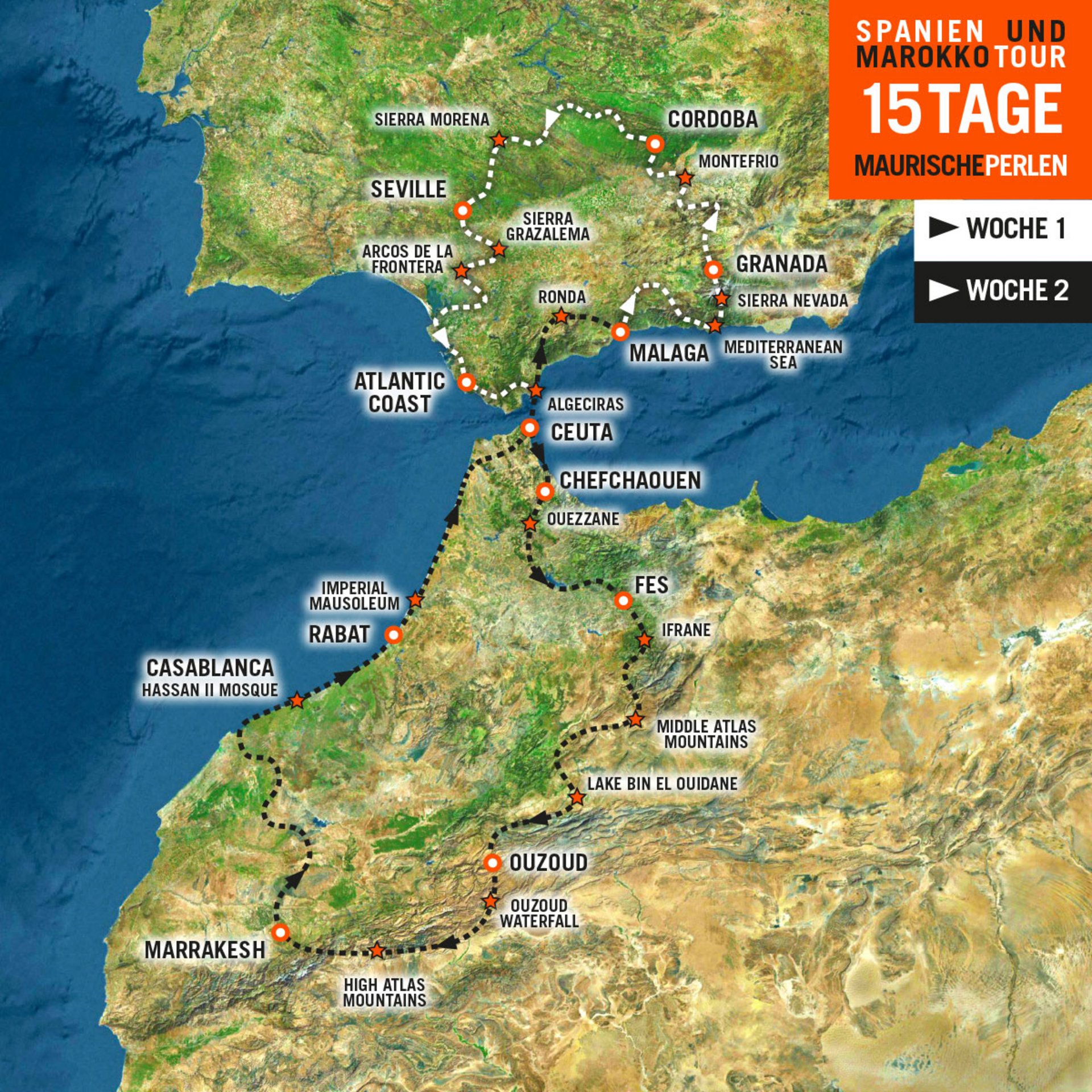 Tourenkarte Motorradreise in Spanien und Marokko