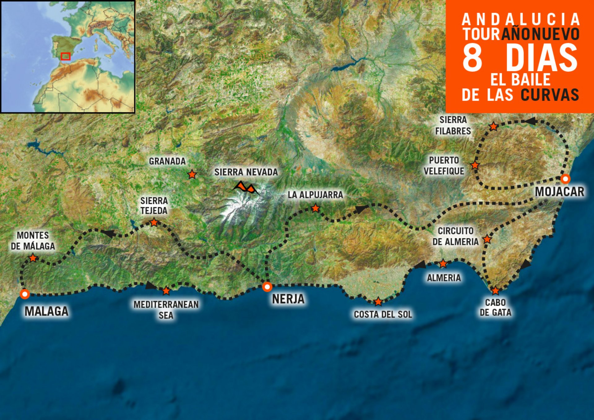 Mapa del Viaje en moto por Andalucia y el Sur de España