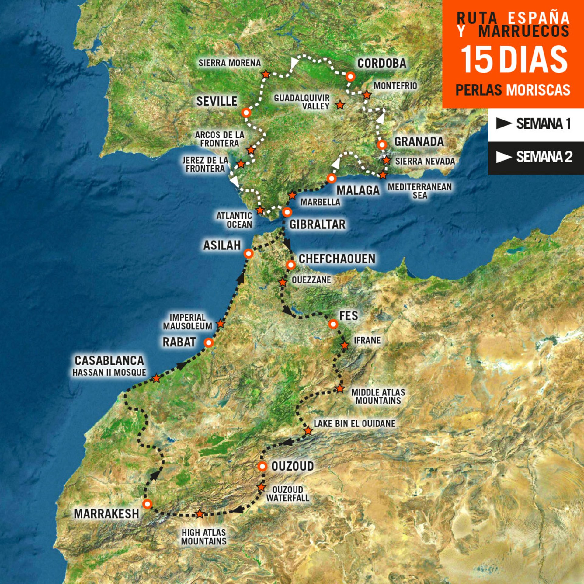 Mapa del Viaje en moto por España y Marruecos