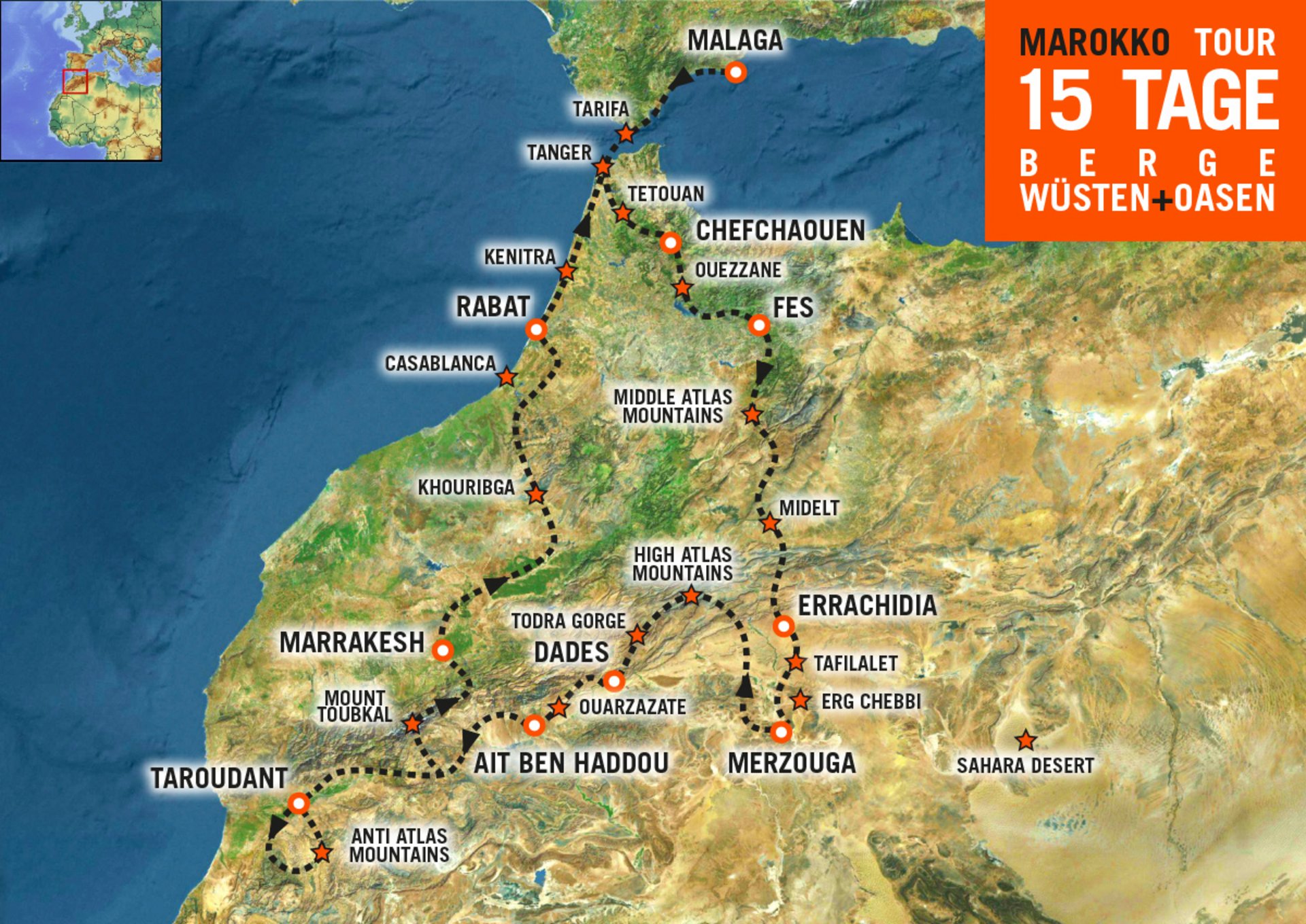 Karte mit dem Streckenverlauf der Motorradtour Berge, Wüsten und Oasen in Marokko