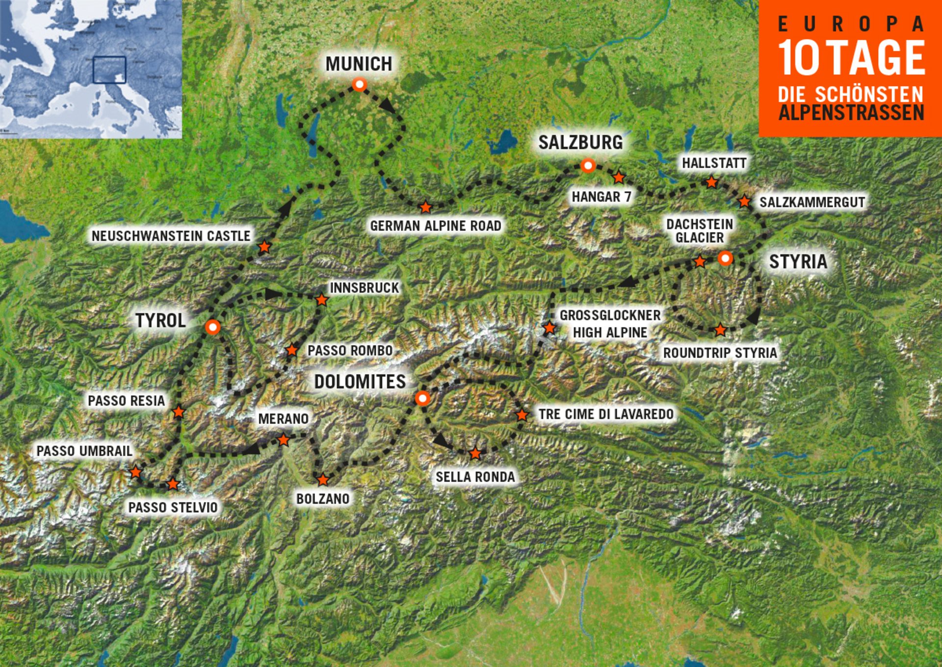 Karte der Motorradtour in den Alpen