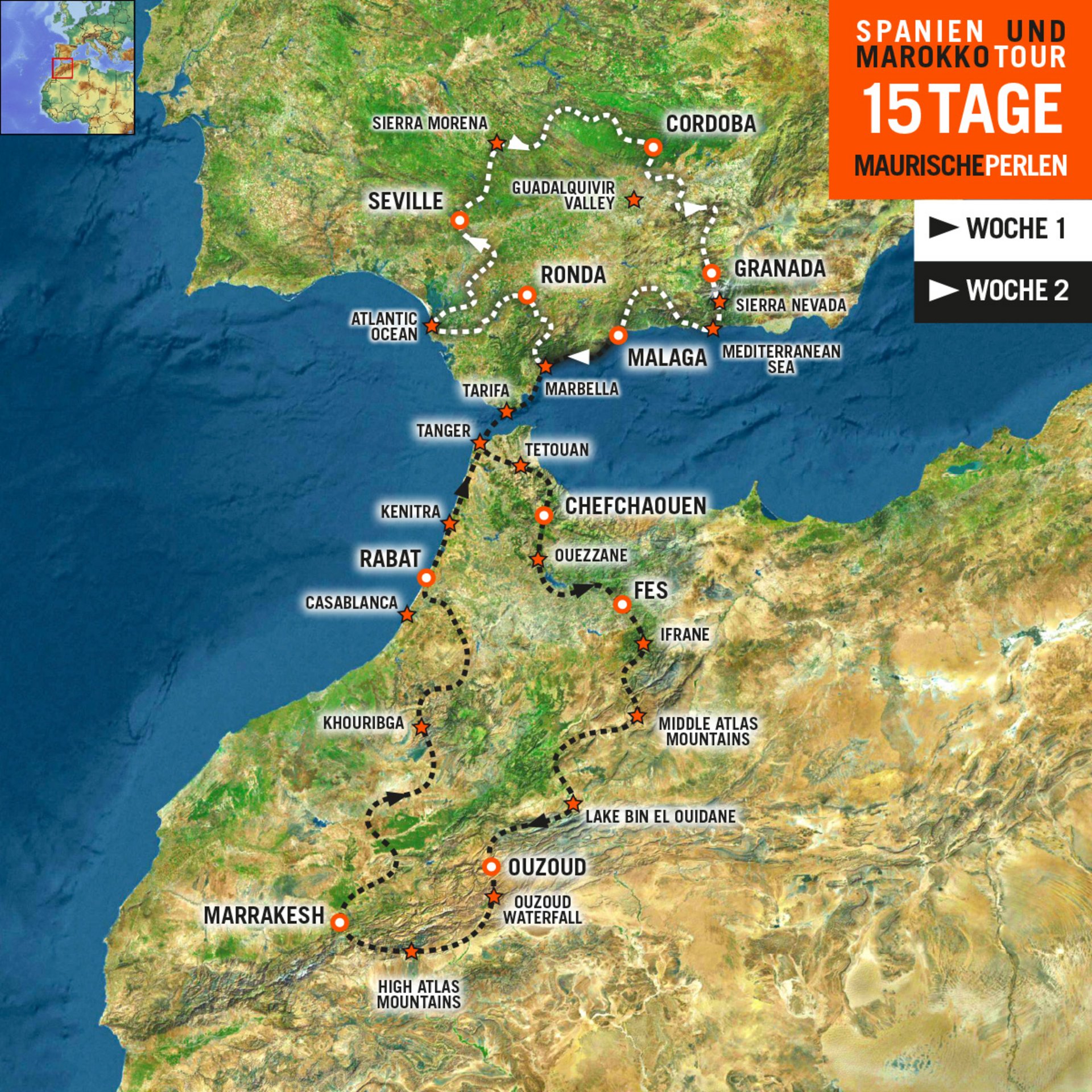 Tourenkarte Motorradreise in Spanien und Marokko