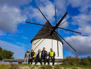 Grupo de Hispania Tours frente a un molino de viento en Andalucía