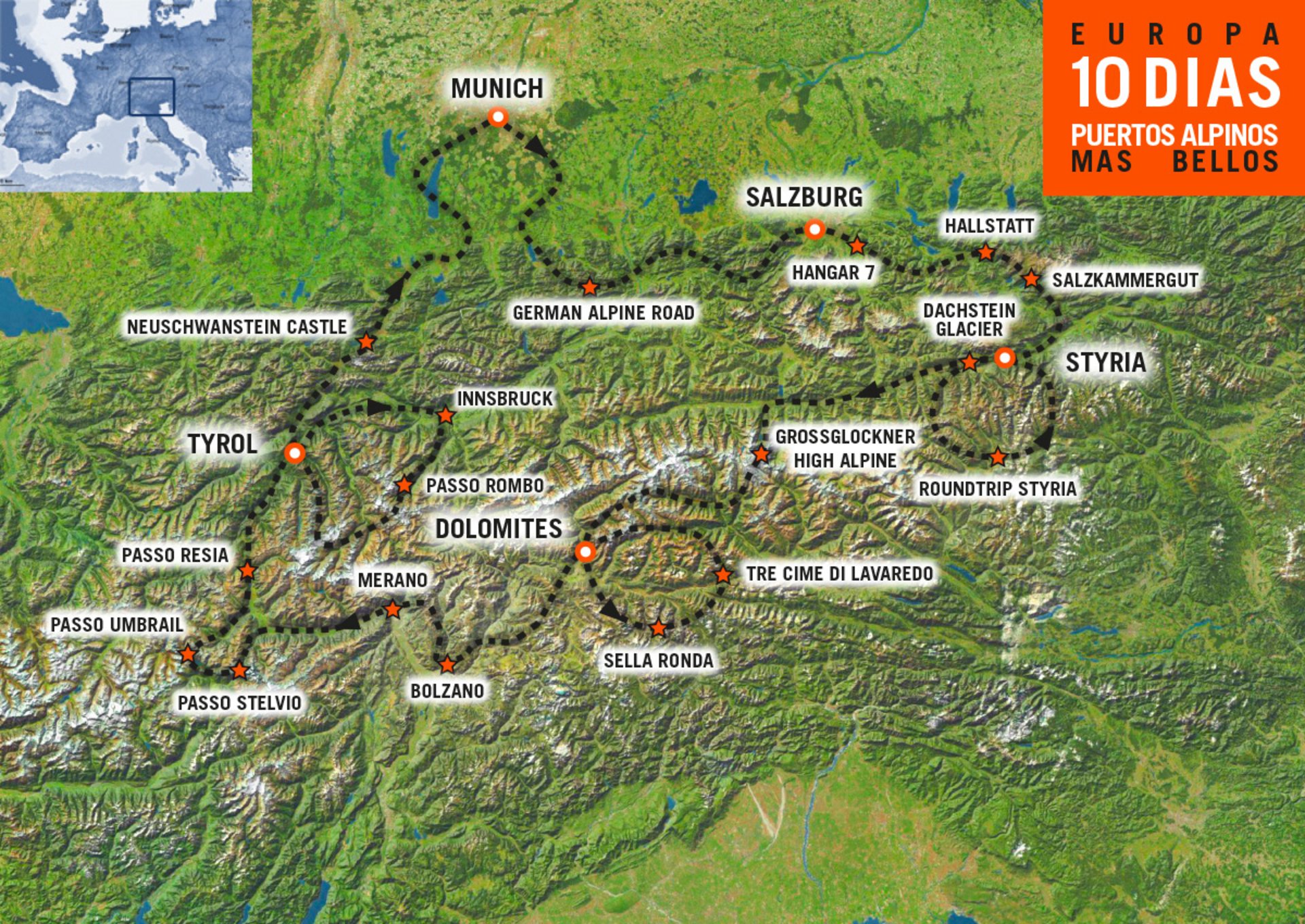 Mapa de la Ruta en moto por los Alpes