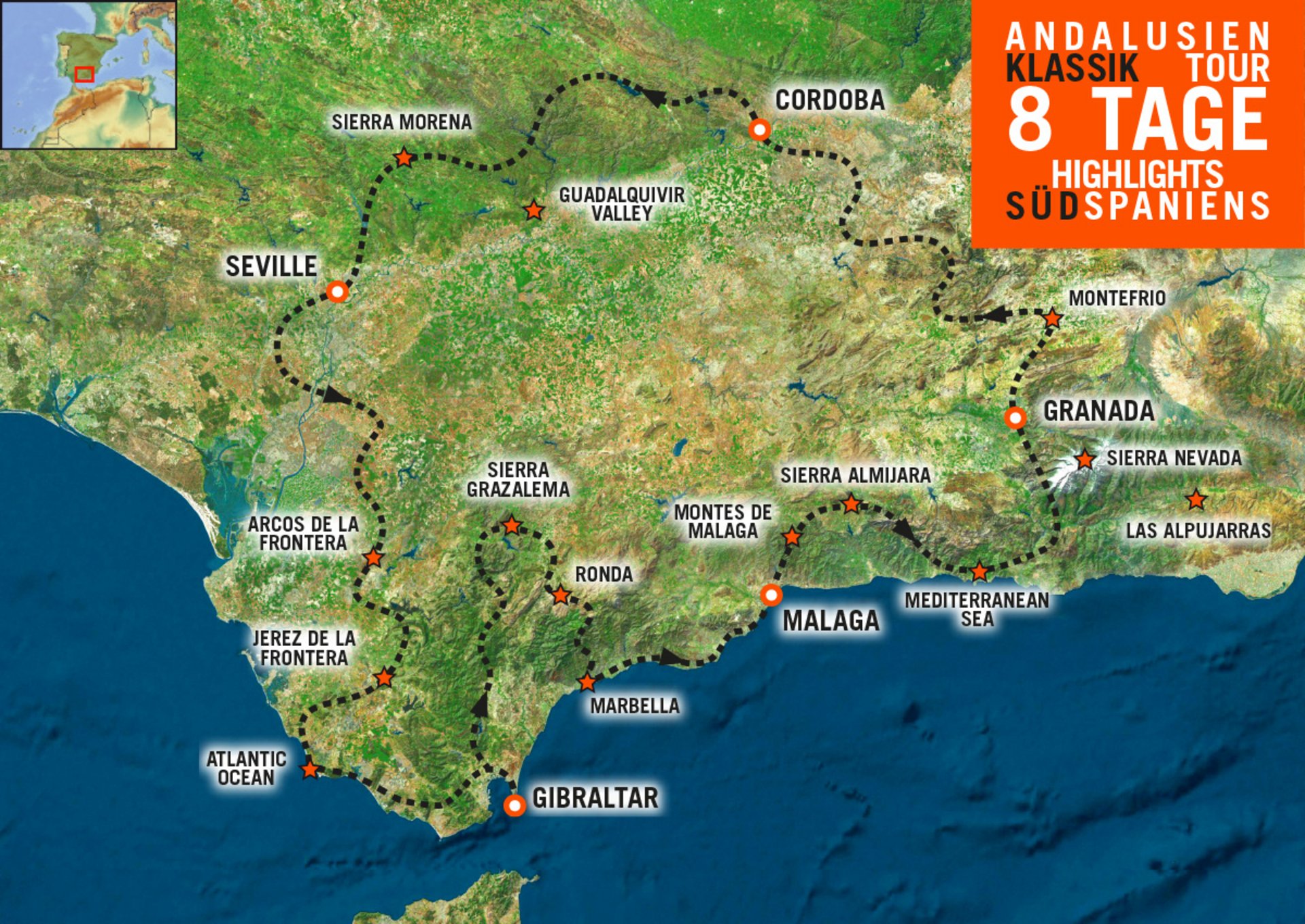 Tourenkarte der Motorradreise durch Andalusien