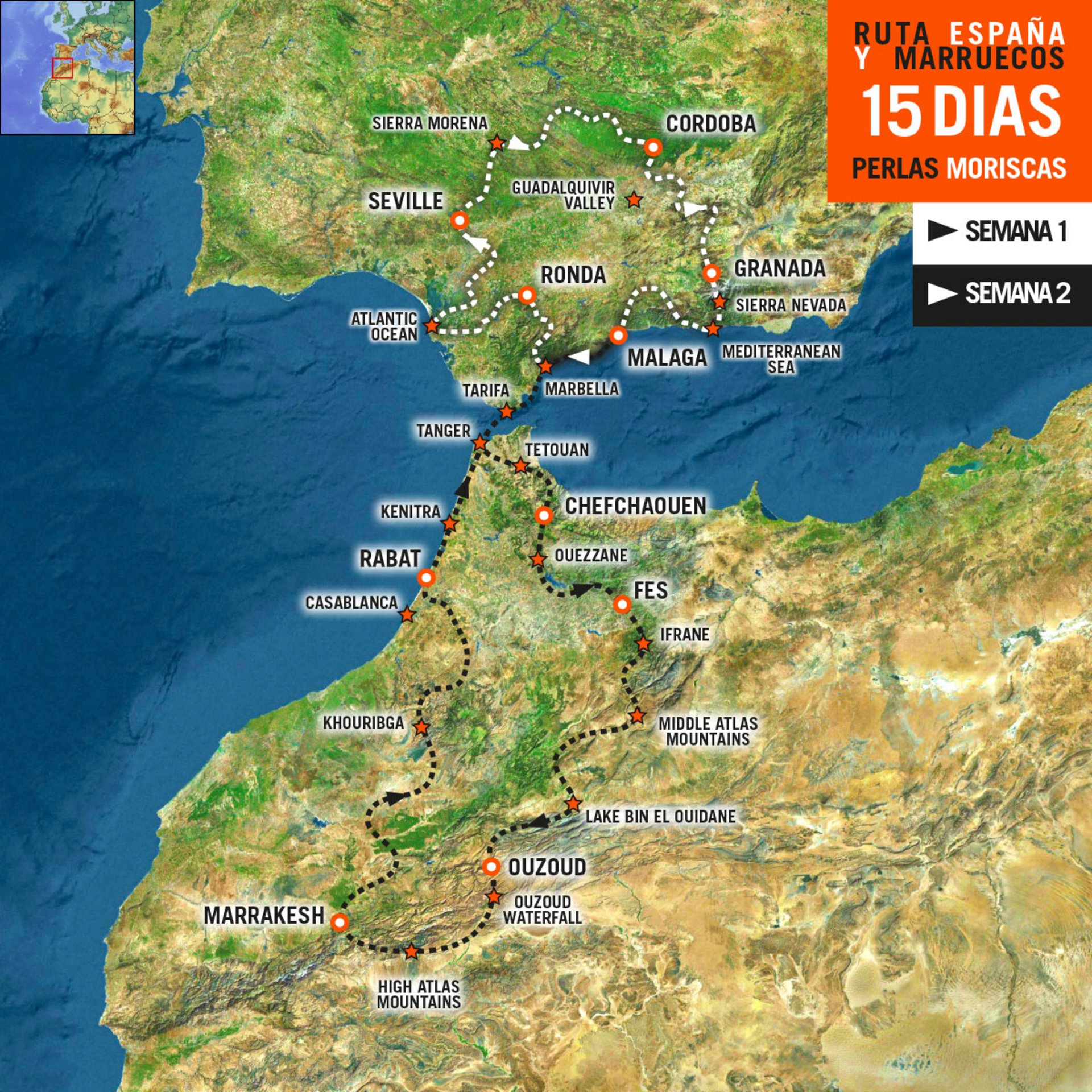 Mapa del Viaje en moto por España y Marruecos